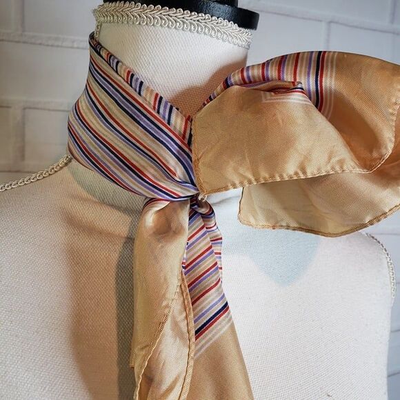 Vintage Made In Japan Gold Striped Satin Head Neck Scarf womens Jason Maxwell - Picture 3 of 10